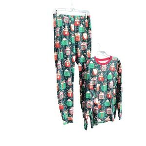 PJ PLACE Pajama Set Womens Med Green Christmas‎ Holiday Santa Cocoa 100% Cotton